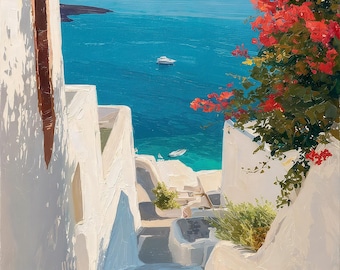 Aegean Coastal Original Oil Painting Turquoise Blue Seascape Canvas Modern Wall Art