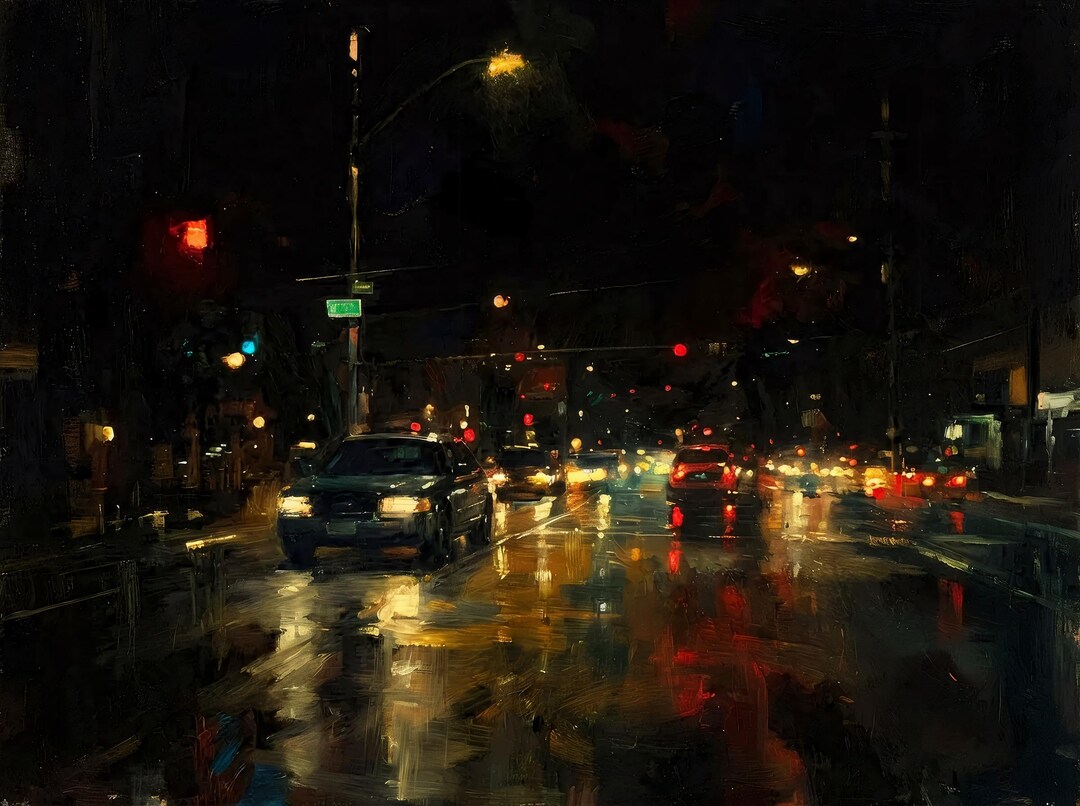 Night City Oil Painting Urban Wall Art Traffic Lights Canvas - Etsy