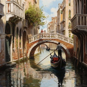 Romantische gondeltocht Venetië – Italiaans kanaalolieverfschilderij | Impressionistische muurkunst | Stadsgezicht van Venetië met brug en gondelier