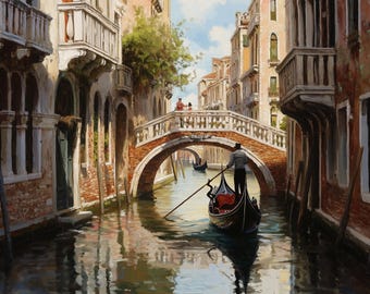 May include: An oil painting of a Venetian canal scene featuring a black gondola steered by a person in a striped shirt. An arched stone bridge spans the water, flanked by weathered brick buildings with balconies under a bright blue sky.