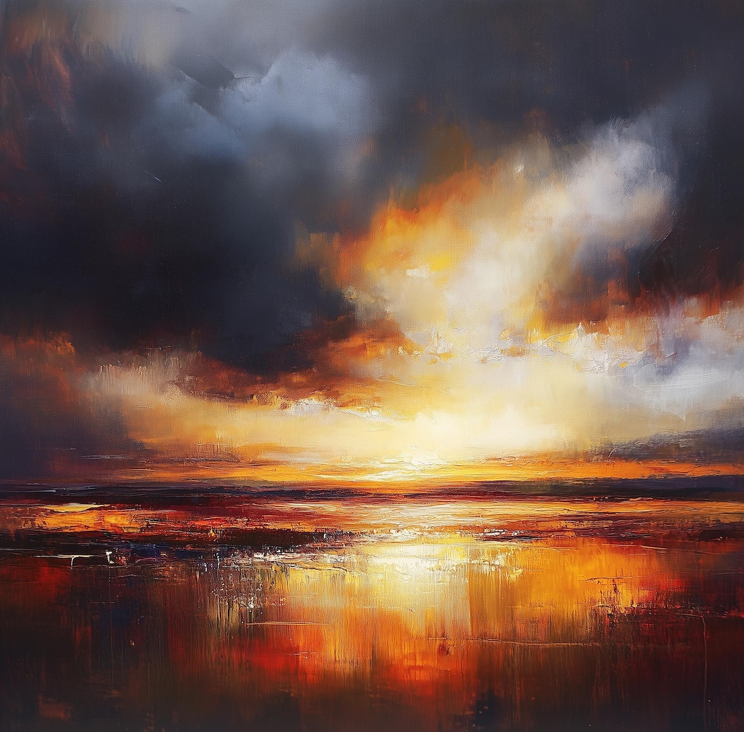 Fiery Sunset Over the Horizon – Original Oil Painting | Dramatic Sky ...