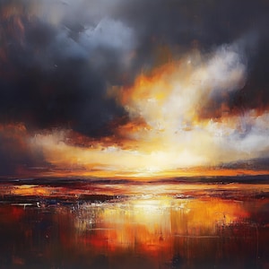 Può includere: Dipinto astratto di un tramonto infuocato su uno specchio d'acqua calmo. Il cielo è un mix di blu scuro, arancione e giallo, con nuvole che si riflettono nell'acqua. Il dipinto ha un'atmosfera calda e invitante.