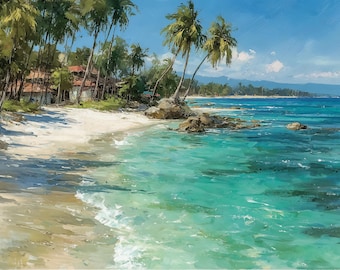Pintura al óleo original de playa tropical, paisaje costero impresionista con palmeras, decoración de pared con océano turquesa.