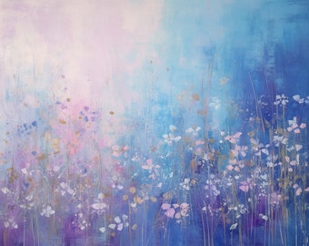Pintura abstracta azul contemporánea, pintura floral abstracta, arte mural abstracto