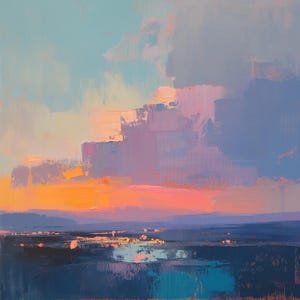 May include: Abstract painting depicting a sunset over a body of water. The sky is a blend of pink, purple, and orange, with a few clouds. The water is a dark blue, with some reflections of light.