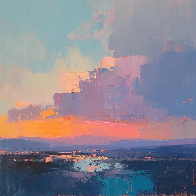 May include: Abstract painting depicting a sunset over a body of water. The sky is a blend of pink, purple, and orange, with a few clouds. The water is a dark blue, with some reflections of light.