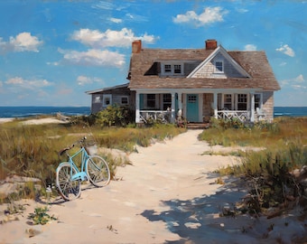 Pintura al óleo de paisaje marino con casa de playa, arte de paisaje costero sobre lienzo, decoración de pared con océano azul