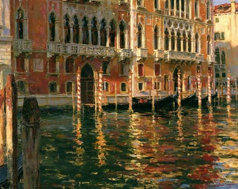 Venice Gondolas Oil Painting Italian Canal Canvas Golden Wall Art Original