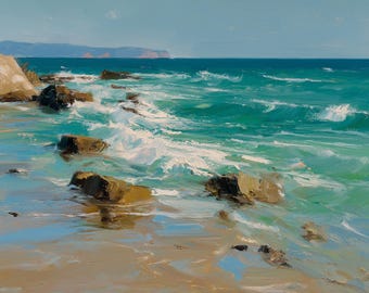 Pintura al óleo de paisaje marino con olas del océano, arte mural costero sobre lienzo, decoración azul