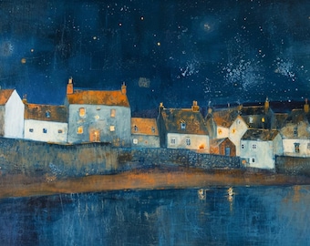 Moonlit Village by the Water: Original Oil Painting of Quiet Nightscape with Starry Sky and Reflections