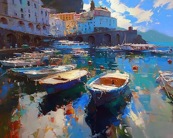 Original Oil Painting Impressionist Boats and Reflections Colorful Coastal Wall Art Decor
