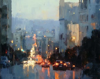 Twilight Cityscape Oil Painting Blue Gray Urban Lights Original Canvas Wall Art