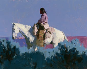 American West Oil Painting White Horse Rider Western Original Canvas Rustic Decor