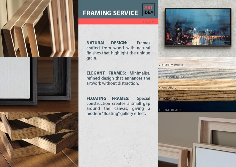 May include: A variety of wooden picture frames in different styles and finishes. The image showcases natural, elegant, and floating frame designs, with color options including Simply White, Classic Gray, Natural, Dark Oak, and Coal Black. The text reads "Framing Service".