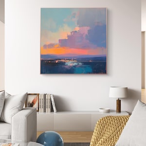 Sunset Landscape Painting, Abstract Impressionist Canvas Wall Art image 3