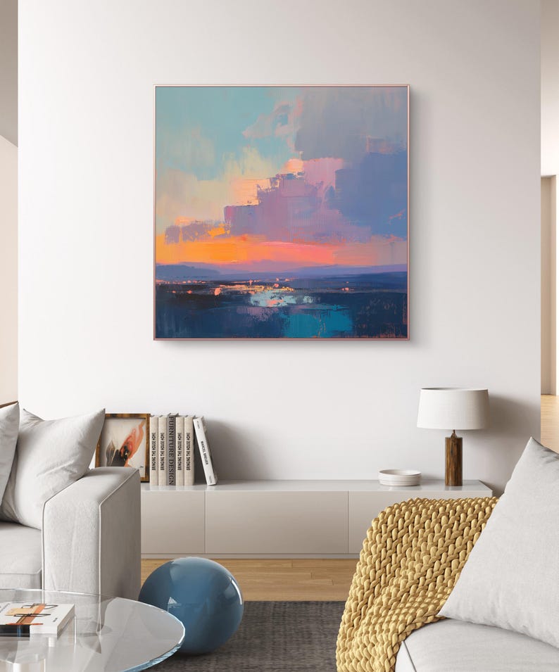 Sunset Landscape Painting, Abstract Impressionist Canvas Wall Art image 3