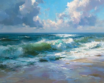 Seascape Oil Painting Sea Breeze Coastal Wall Art Blue Ocean Waves Canvas