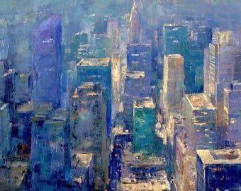 Manhattan Skyline Original Oil Painting Blue Cityscape Canvas Wall Art New York Morning