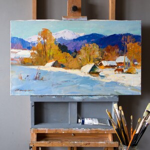 Sunny Winter Day Colorful Original Oil Painting on Canvas zdjęcie 2