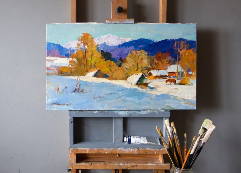Sunny Winter Day Colorful Original Oil Painting on Canvas zdjęcie 2