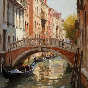 Venetian Canal Scene with Gondolas and Historic Bridge | Romantic Oil Painting of Venice | Impressionist Wall Art for Elegant Home Decor