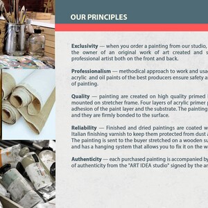 May include: Our Principles: Exclusivity, Professionalism, Quality, Reliability, and Authenticity.  A studio's commitment to creating original artwork with high-quality materials and a certificate of authenticity.