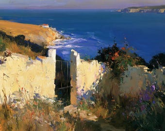 Coastal Landscape Oil Painting Mediterranean Garden Original Canvas Seaside Wall Art Decor
