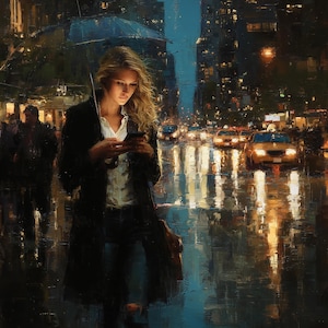 Rainy Night in the City – Original Oil Painting of a Blonde Woman with Umbrella Under Neon Lights and Reflections