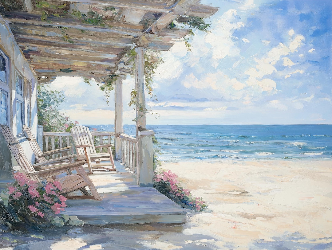 Seaside Cottage Oil Painting Coastal Beach House Ocean View Wall Art ...