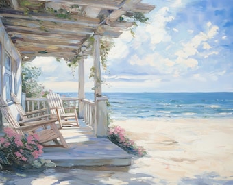 Seaside Cottage Oil Painting Coastal Beach House Ocean View Wall Art Canvas