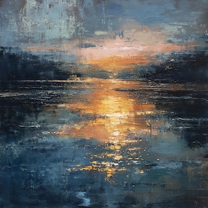 以下が含まれることがあります： 水上の夕日を描いた抽象的な油絵。この作品は、青、金、オレンジの色合いを持つテクスチャのある表面が特徴です。筆致は動きと反射の感覚を生み出し、穏やかで雰囲気のある風景を連想させます。