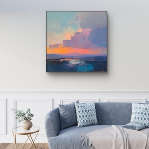 Sunset Landscape Painting, Abstract Impressionist Canvas Wall Art image 5