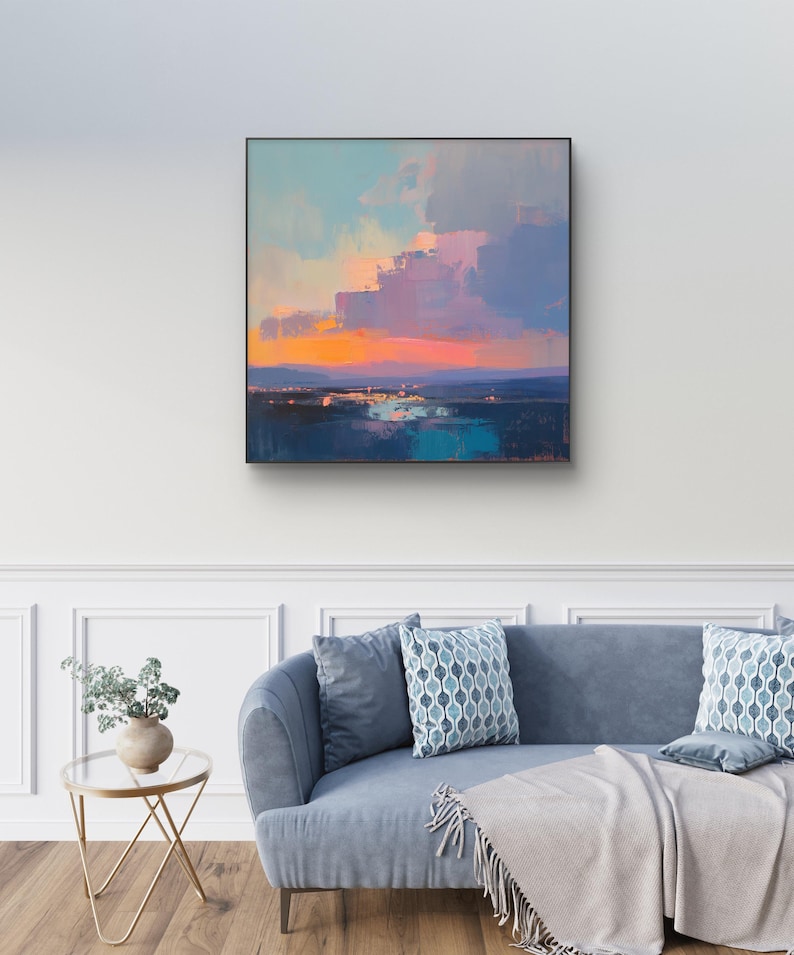Sunset Landscape Painting, Abstract Impressionist Canvas Wall Art image 5