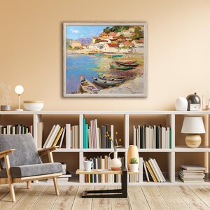 Coastal Oil Painting with Fishing Boats, Harbor Village Seascape Wall Art image 2