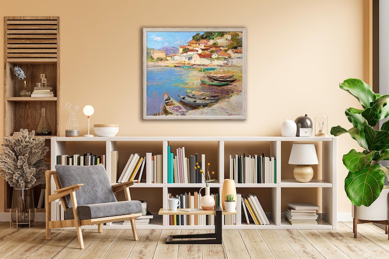 Coastal Oil Painting with Fishing Boats, Harbor Village Seascape Wall Art image 2