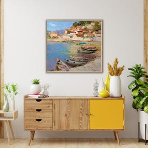 Coastal Oil Painting with Fishing Boats, Harbor Village Seascape Wall Art image 5
