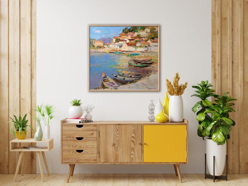 Coastal Oil Painting with Fishing Boats, Harbor Village Seascape Wall Art image 5
