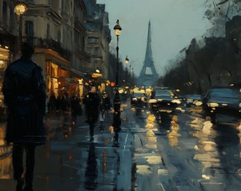 Parisian Evening Oil Painting, Eiffel Tower Cityscape Wall Art