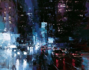 Rainy Cityscape Oil Painting Blue Black Urban Night Original Canvas Art