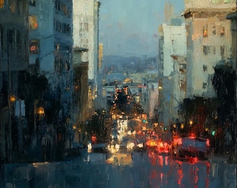 Twilight Cityscape Oil Painting Blue Urban Lights Original Canvas Wall Art