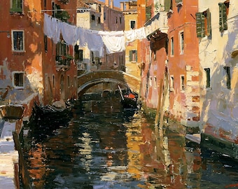 Venice Oil Painting Canal Scene Italian Wall Art Canvas Old Europe Decor