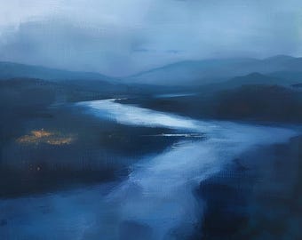 Midnight Flow – Original Oil Painting of Abstract River Landscape with Misty Blue Tones | Serene Water Reflection Wall Art