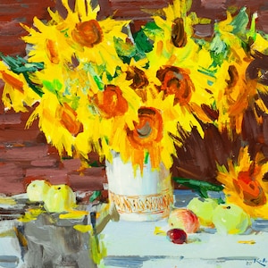 Original Oil Painting on Canvas: Bright Sunflowers in Vibrant Yellow Still Life