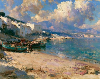 Italian Coastal Fishing Village Turquoise Seascape Original Oil Painting Canvas Wall Art Decor