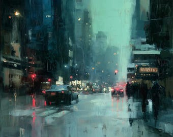 Emerald Cityscape Original Oil Painting Canvas Rainy Street Modern Urban Wall Art