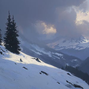 Winter Serenity in the Mountains – Original Oil Painting of Snow-Covered Slopes and Majestic Pines