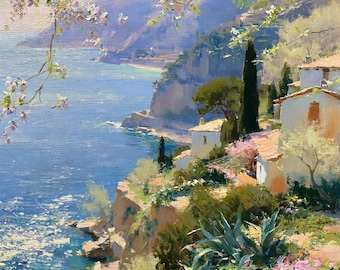 Sea Coastline Bloom Landscape Oil Painting Azure Ivory Coastal Original Canvas Modern Wall Art