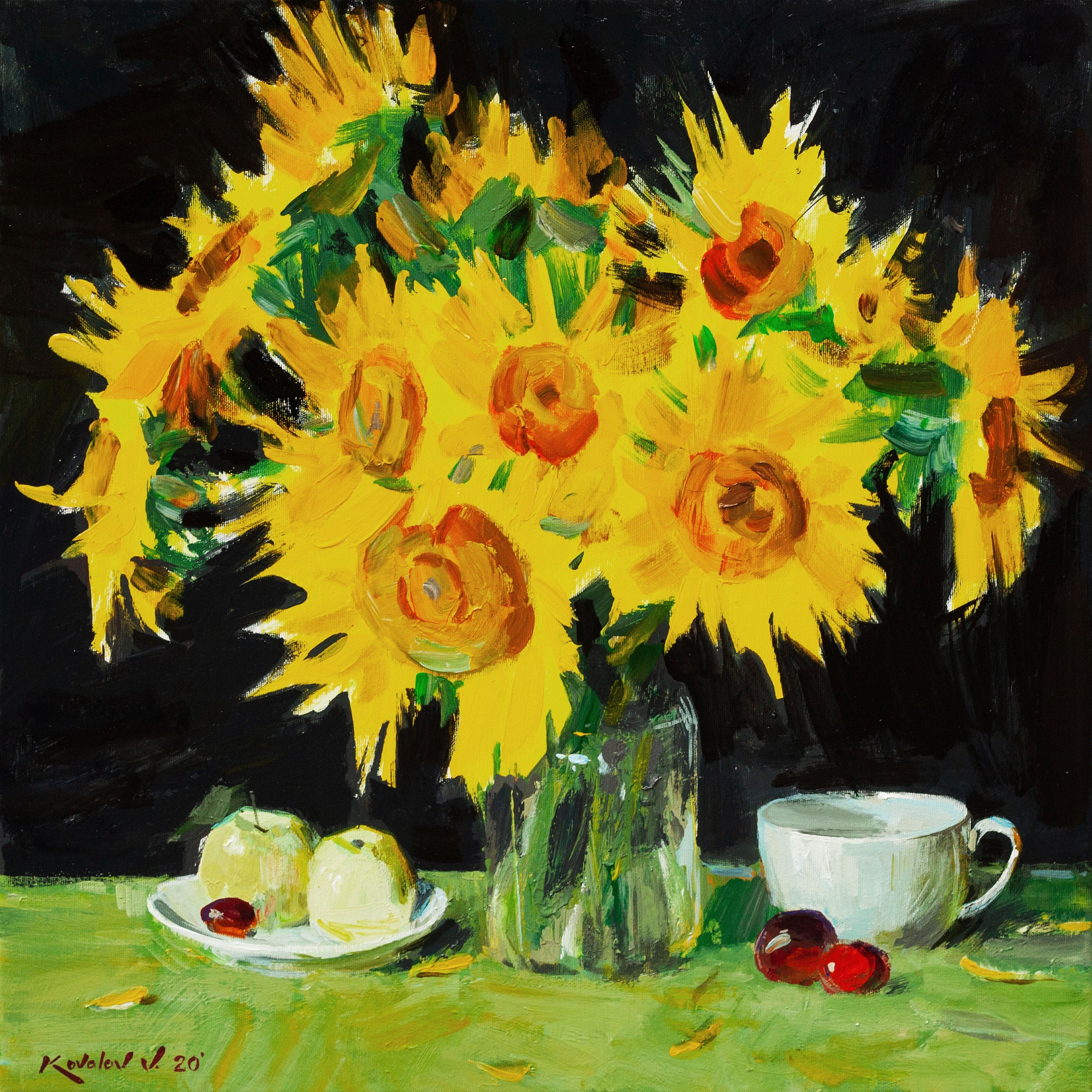 Golden Sunflowers in a Glass Vase: Original Still Life Oil Painting ...