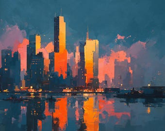 Cityscape Original Oil Painting Blue Orange Skyline Canvas Modern Wall Art Contemporary
