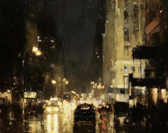 Rainy Cityscape Oil Painting Black Gold City Lights Original Canvas Art